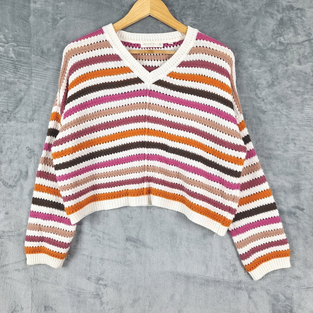 Womens Sweater Small Crochet Knit Boho Indie Stripe Oversized Boxy‎ Crop Cottage